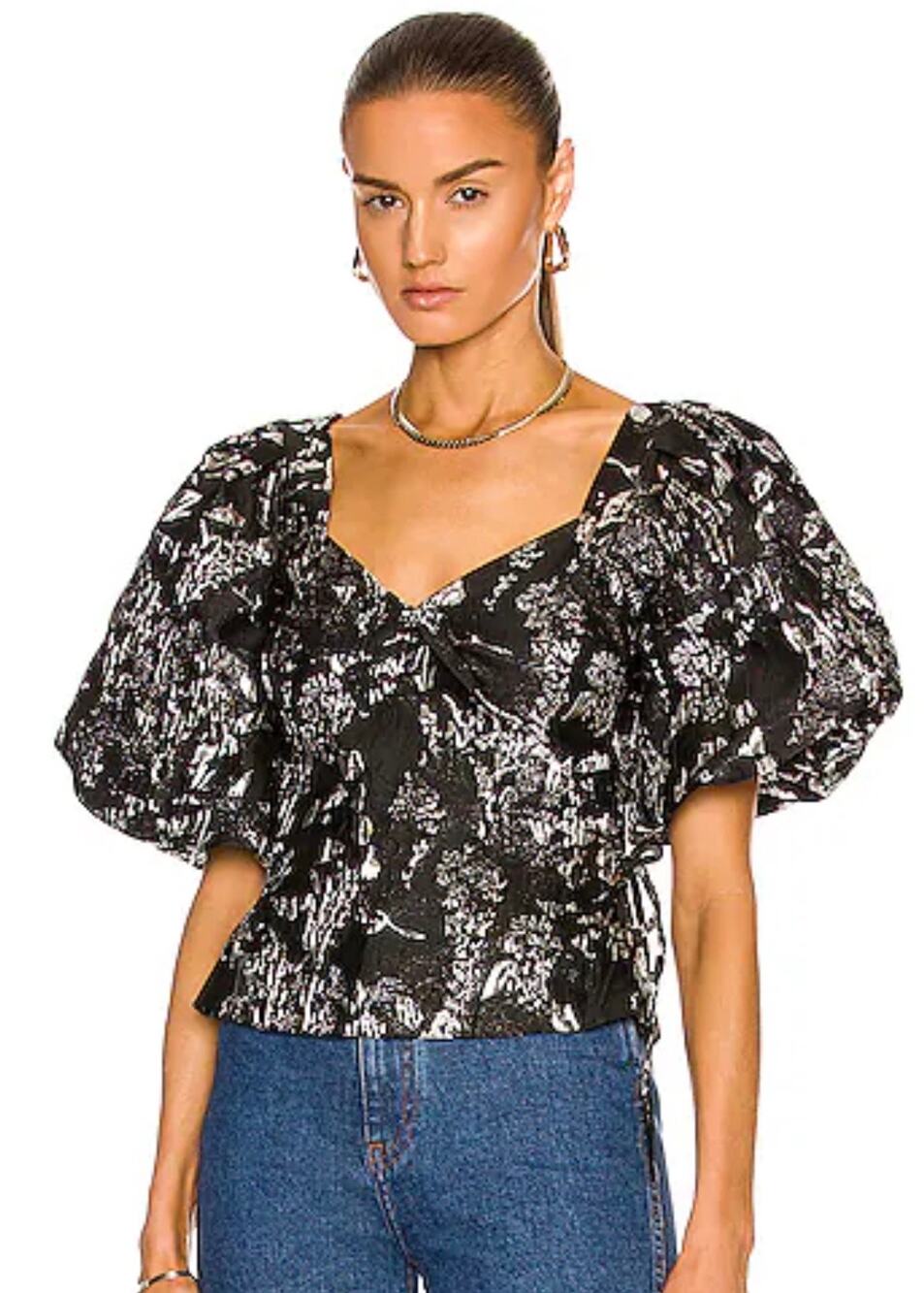 Jonathan Simkhai Taylor Wrap Top Black & Silver Metallic Puff Sleeve Blouse